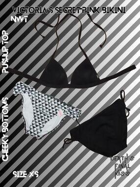 Victoria's Secret PINK Pushup Top Black White Geometric Ruched Cheeky Bikini XS